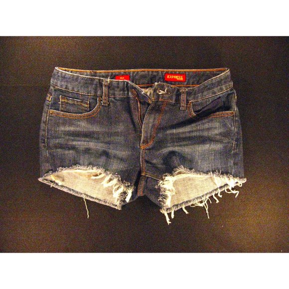 EXPRESS Jeans cutoff JEANS SHORTS Woman 8 W 31 Mid Rise Dark Wash Mia Blue Denim - Picture 1 of 10